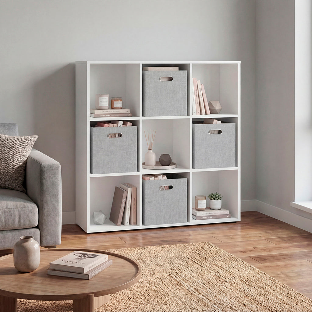 Lena 9-Cube Storage Organizer Bookcase with Display Shelves and 4 Cloth Boxes, for Living Room, Office & Bedroom