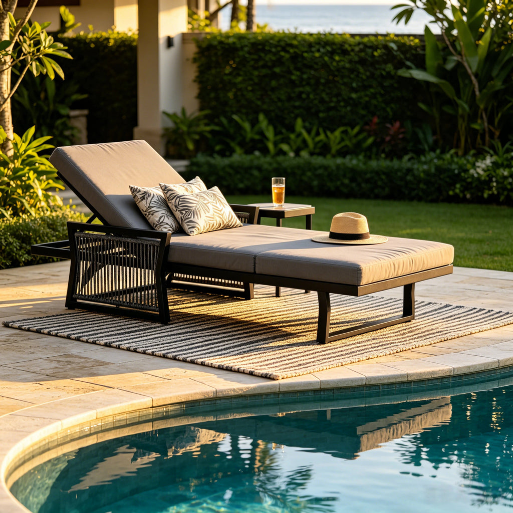 Black Mix Black Rope Outdoor Chaise Lounge, 4' Thick 3-Fold Dark Grey Water Resistant Cushion, 5-Position Adjustable Recliner, 400 LBS Capacity for Patio Pool Backyard