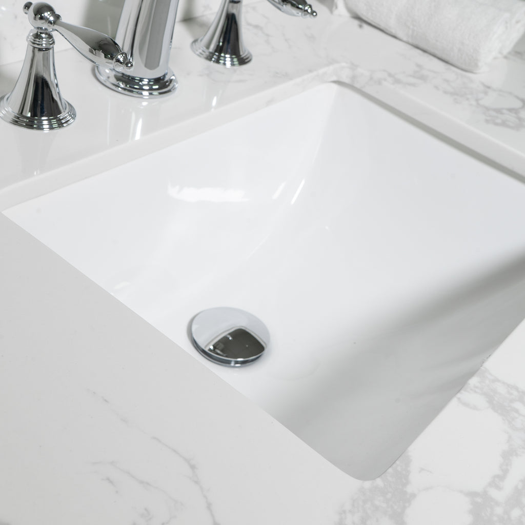 Montary 43x22 bathroom stone vanity top engineered stone carrara white marble color with rectangle undermount ceramic sink and 3 faucet hole with back splash