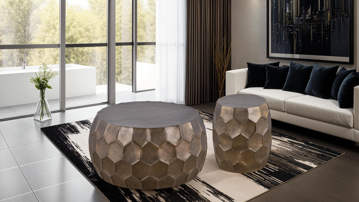 Modern Contemporary Round Aluminum material 32' Coffee Table and 21'Height End Table Set 2PC Tables with Glossy Diamond-Patterned Base Gold
