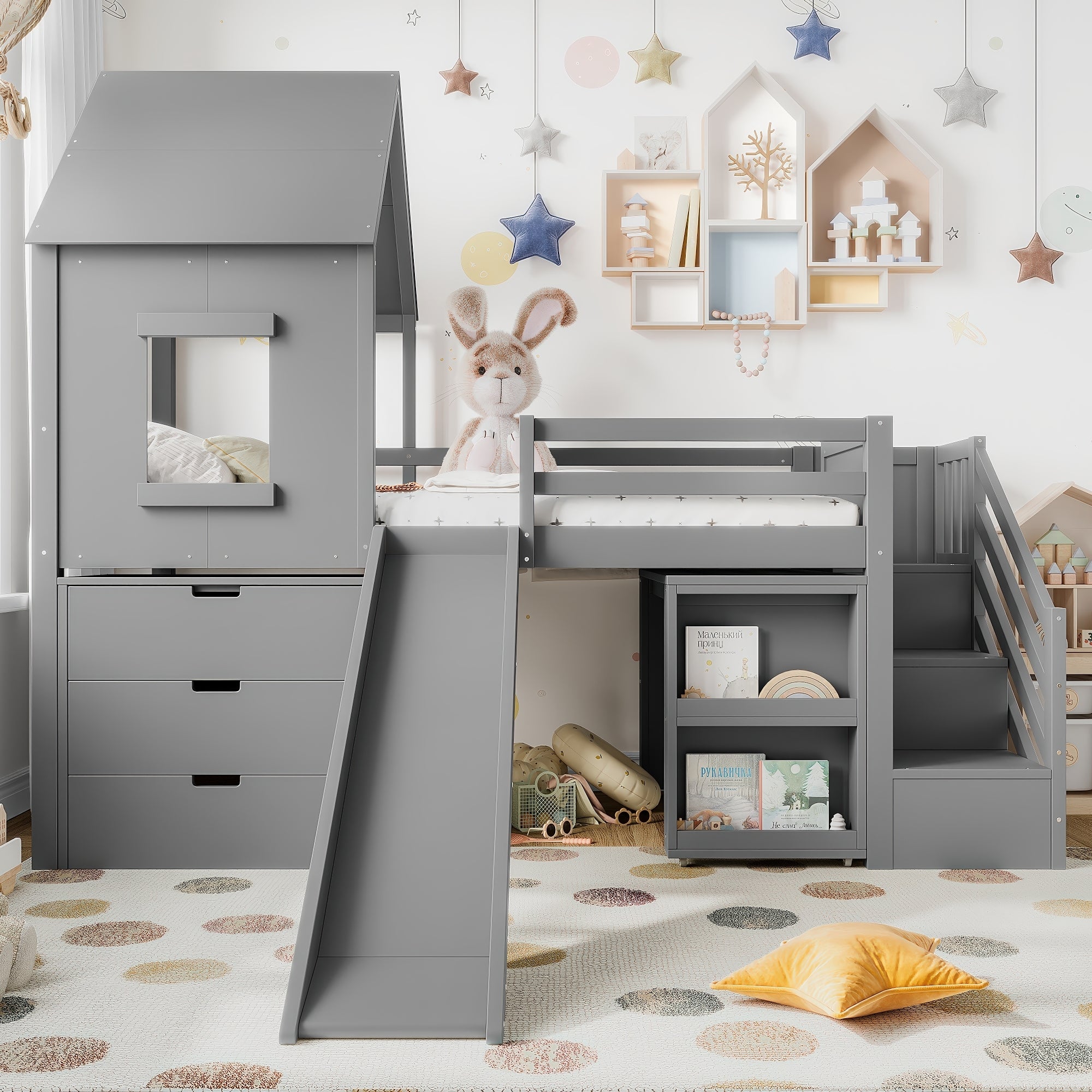 Twin Loft Bed with Storage Cabinets and Removable Desk, Kids House Loft Bed with Slide and Stairs, Childlike and Multi-functional Design,Gray