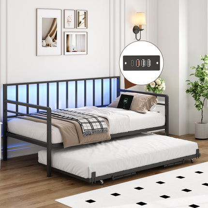 Twin Daybed with RGB LED Lights & Charging Station with Height Adjustable