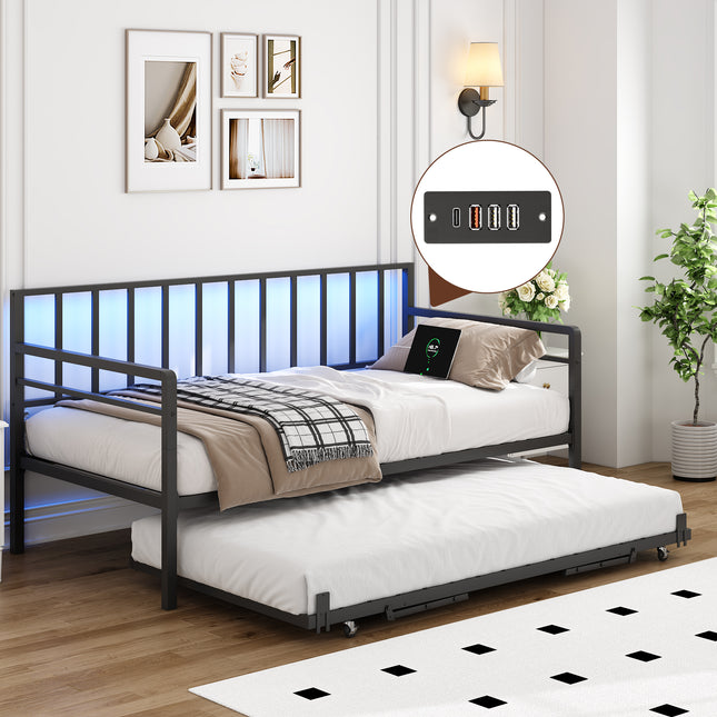 Twin Daybed with RGB LED Lights & Charging Station with Height Adjustable