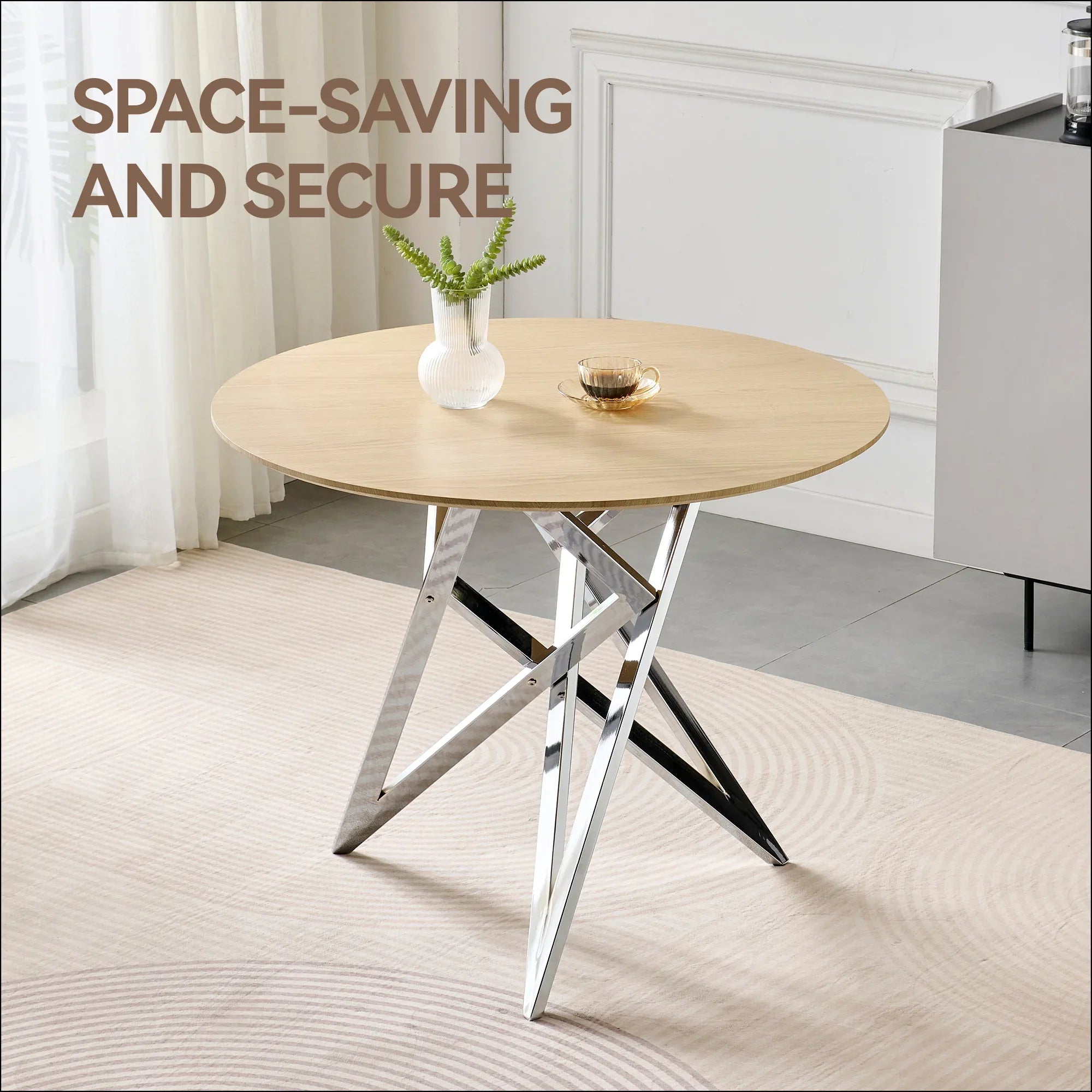 37Inch Round Dining Table, Small Round Kitchen Table With Silver Metal Legs, Suitable For 2 To 4 People, Modern Dining Room Table, Burlywood. - Eloy Royal