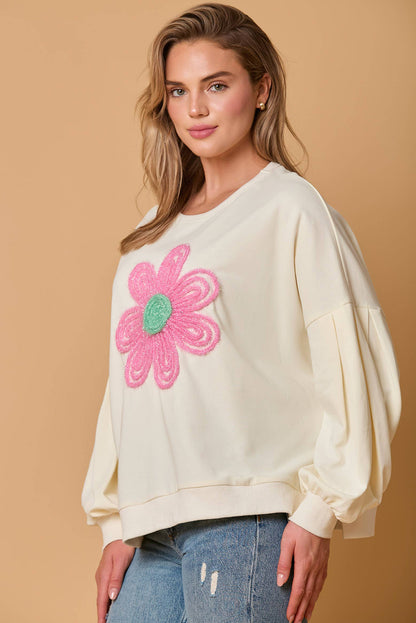 Beige Cute Tinsel Flower Puff Sleeve Sweatshirt