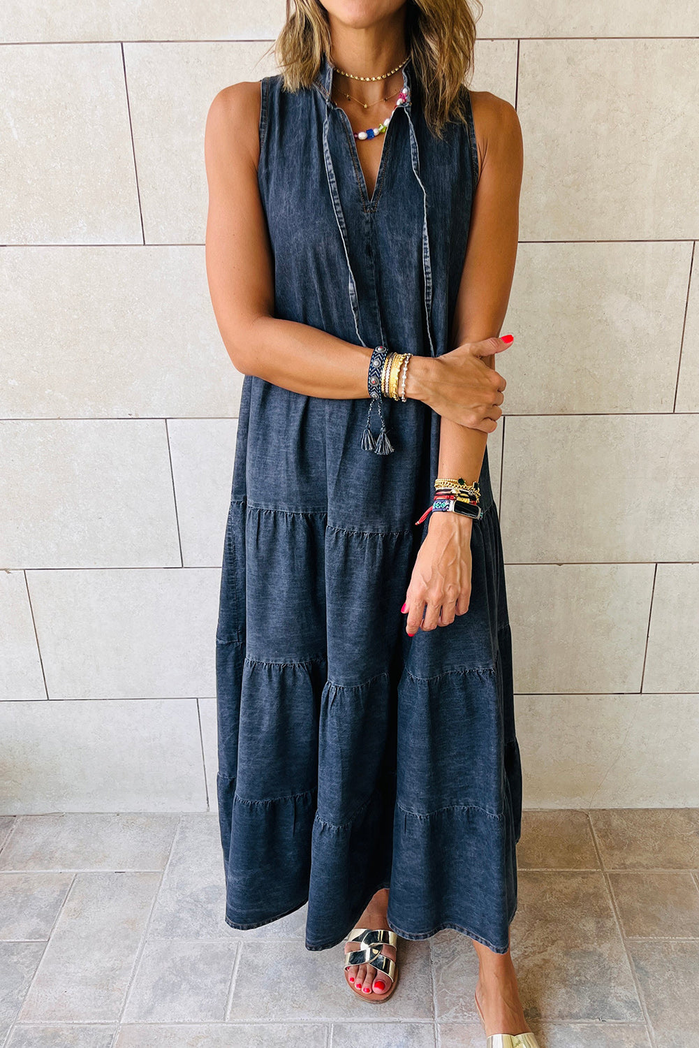 Real Teal Sleeveless Tiered Chambray Maxi Dress - Eloy Royal