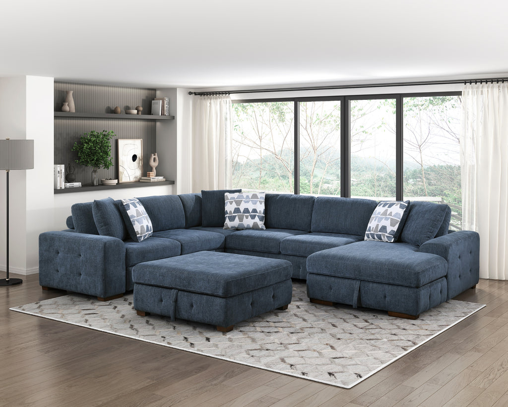 Aurelia blue tufted chenille storage ottoman, view 5