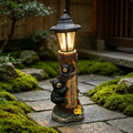A brown bear statue welcoming guests, a garden statue with solar-powered lights, a 19-inch resin bear family in a tree, and outdoor bear decorations for courtyards, gardens, lawns, and patios.