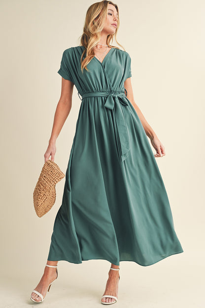 Wholesale Green Wrap V Neck Belted Pleated Maxi Dress - Eloy Royal