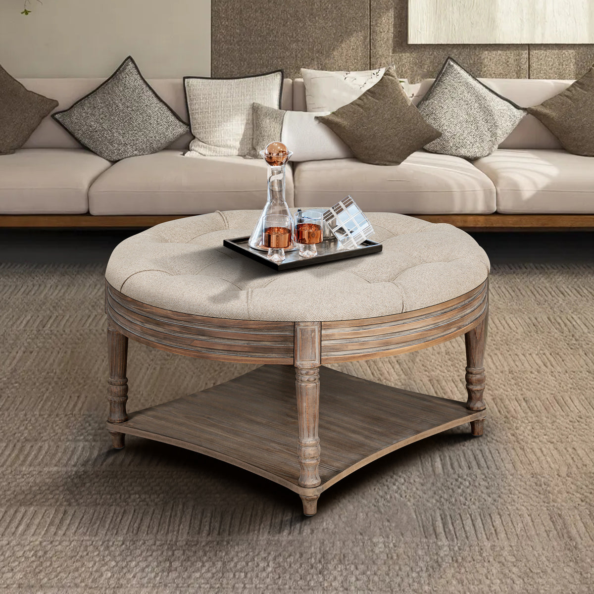 Large Round Waterproof Ottoman Coffee Table 2 Tier Oversized Button Tufted Ottoman with Wooden Shelf Storage Farmhouse Upholstered Coffee Table Living Room Footstool Ottoman Linen
