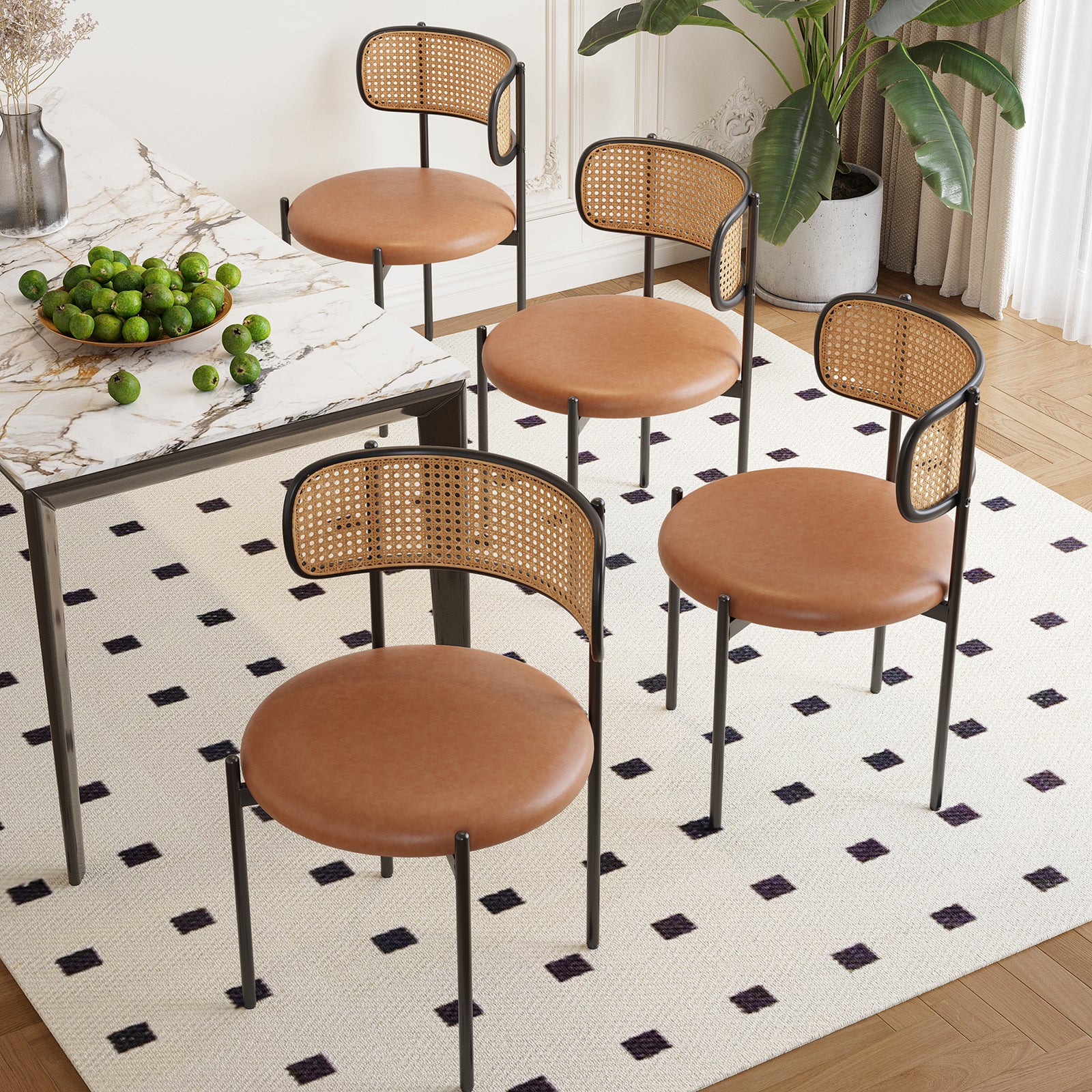 Dining Chairs Set of 4, PU Leather Upholstered Seat with Woven Rattan Back, Sturdy Metal Legs Modern Side Chairs for Kitchen Living Room Restaurant