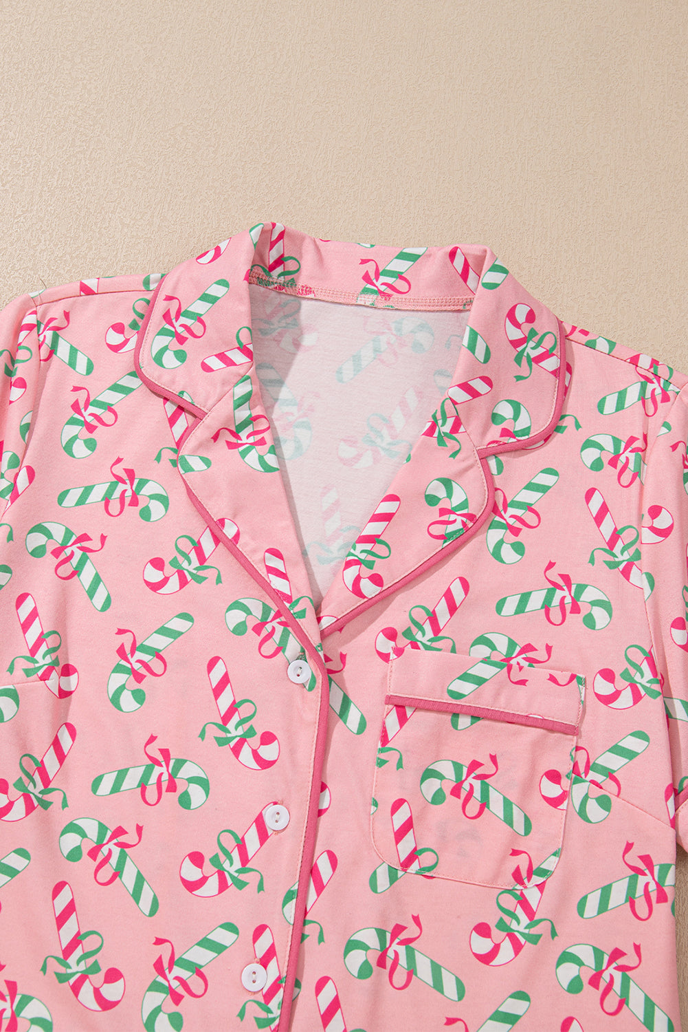 Pink Christmas Candy Cane Print Knotted Pajama Set