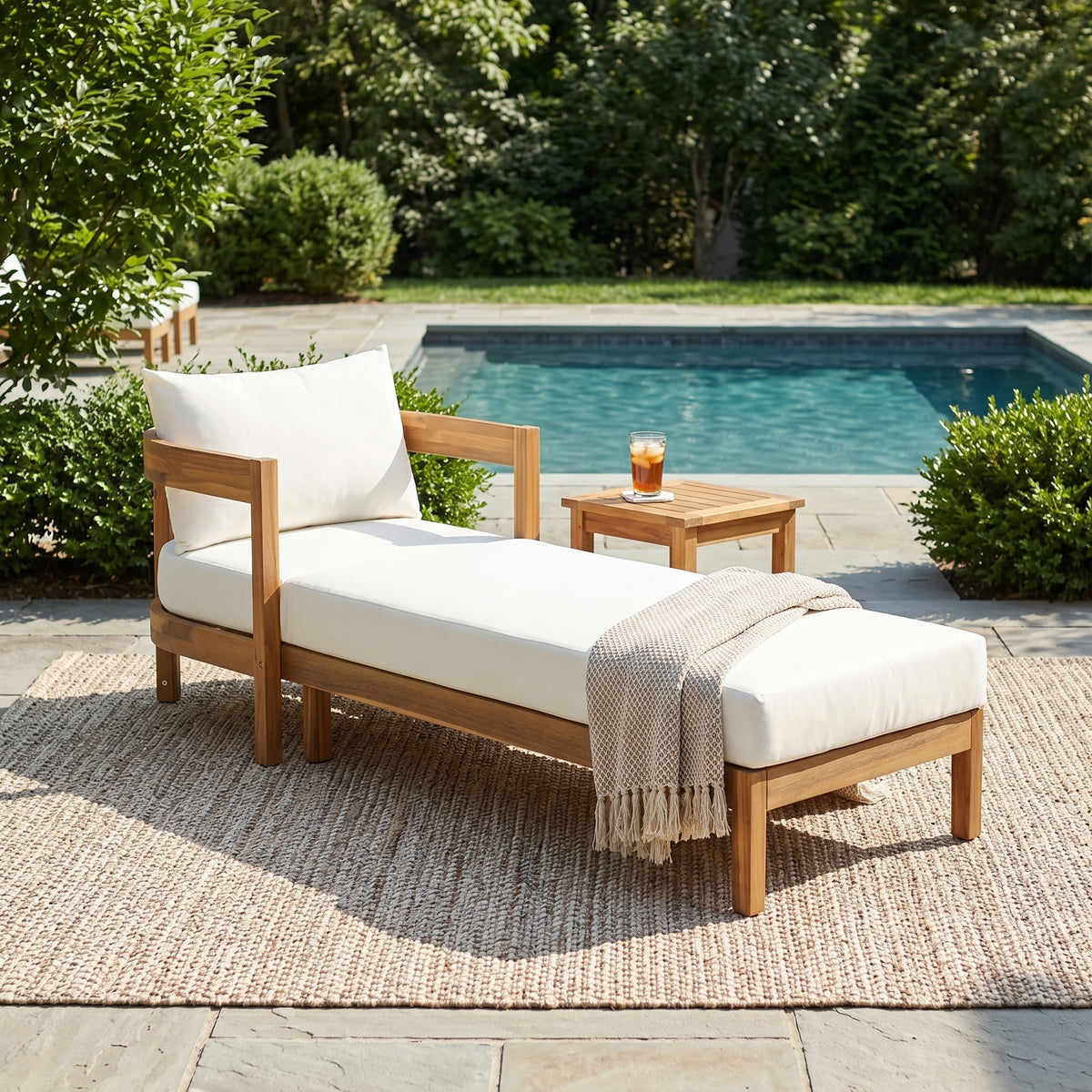 78' Acacia Wood Outdoor Chaise Lounge Chair with Curved Frame, Weather Resistant Patio Reclining Daybed with Thick Removable Cream Cushion, Single Arm Outdoor Lounger for Poolside, Backyard & Garden
