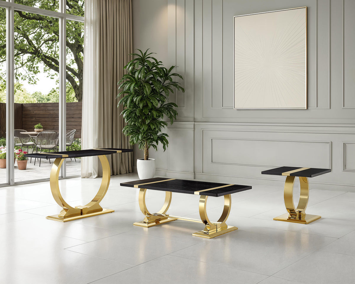 Contemporary Style Luxury Living Room Set 3pc 1x Coffee Table 1x End Table 1x Sofa Table Trestle Base Stainless Steel Black And Gold Finish