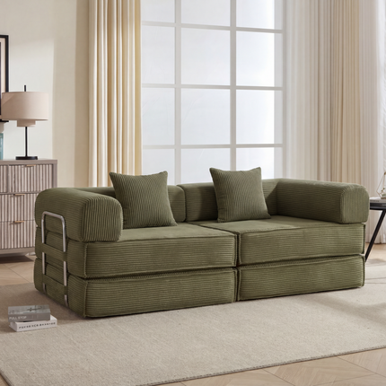 78' Convertible Sofa Bed, Modular Corduroy Couch with 2 Pillows, Space-Saving Compressed Floor Sofa, Ideal for Living Room, Bedroom, Apartment,Green.
