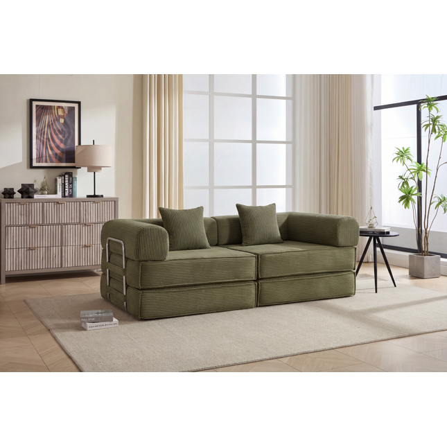 78' Convertible Sofa Bed, Modular Corduroy Couch with 2 Pillows, Space-Saving Compressed Floor Sofa, Ideal for Living Room, Bedroom, Apartment,Green.
