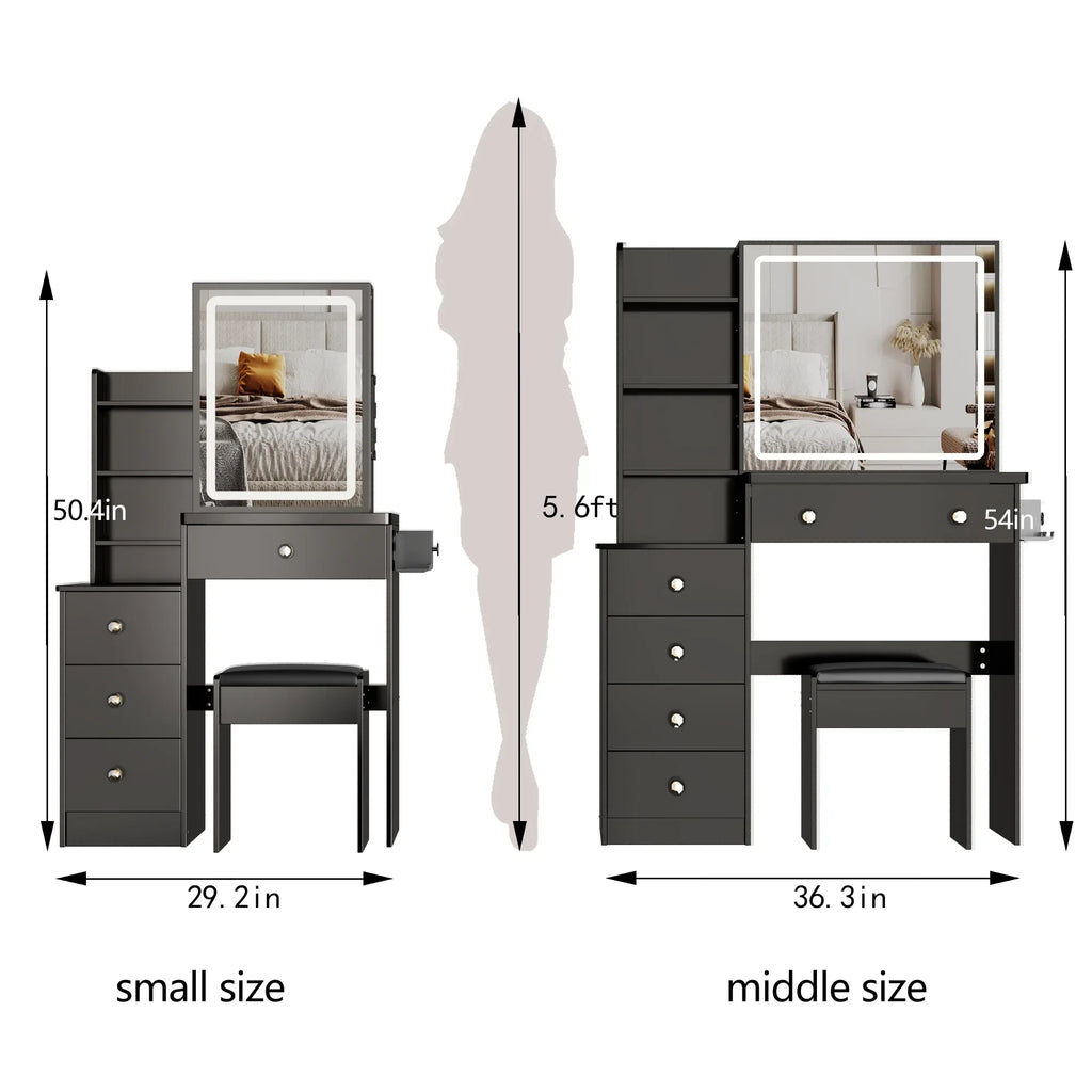 29.2' Small Size Left Bedside Cabinet Vanity Table + Cushioned Stool, 2 AC+2 USB Power Station, Hair dryer bracket, Extra Large Touch Control Sliding LED Mirror, Tri-color Switching, Brightness Adjust - Eloy Royal