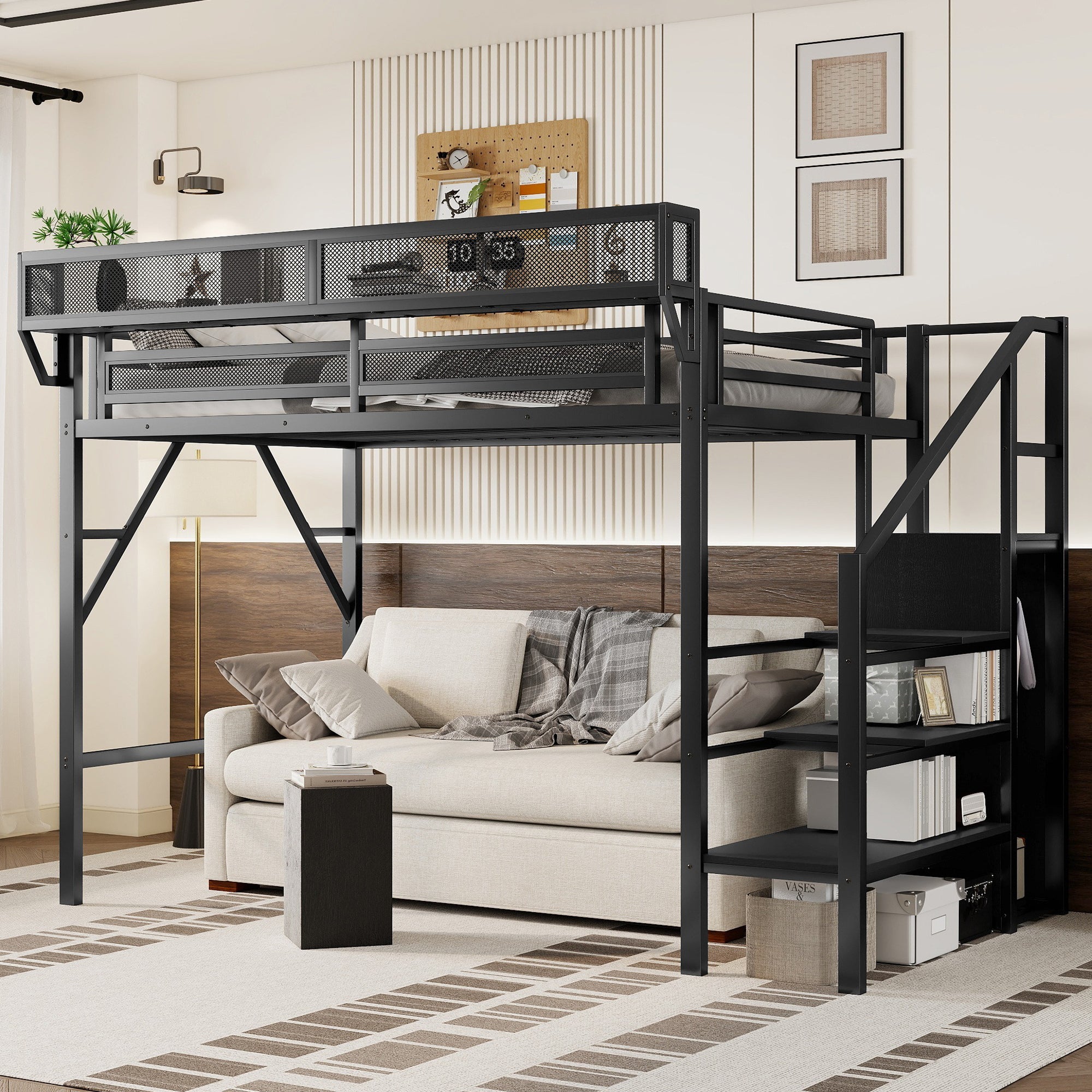Twin XL Size Loft Bed with Stairs, Metal Full Loft Bed with Storage Shelves, High Loft Bed with Wardrobe for Kids Teens, Black(Expect Arrival Date 2025/10/14)