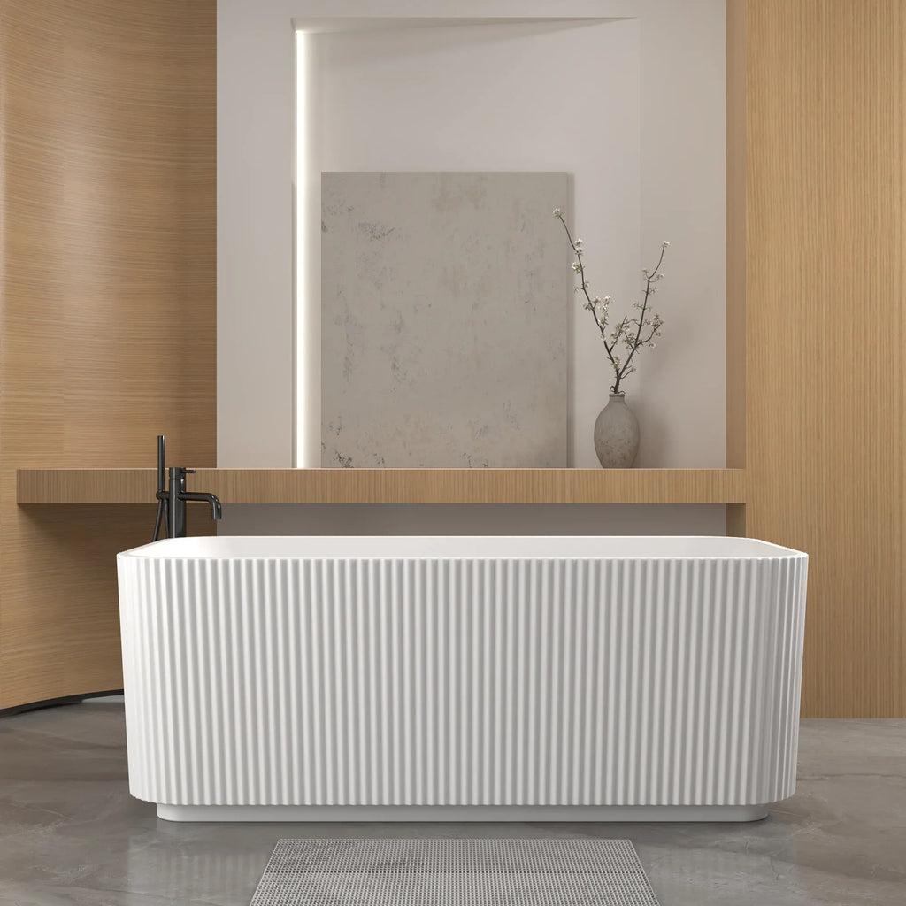 59'Rectangle Linear Acrylic Freestanding Bathtub Stand Alone Soaker Tub, Glossy White Acrylic, POP-UP Chrome Drain, cUPC Certified, - Eloy Royal