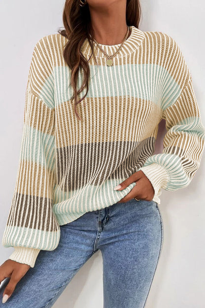 Brown Colorblock Lantern Sleeve Rib Knitted Sweater