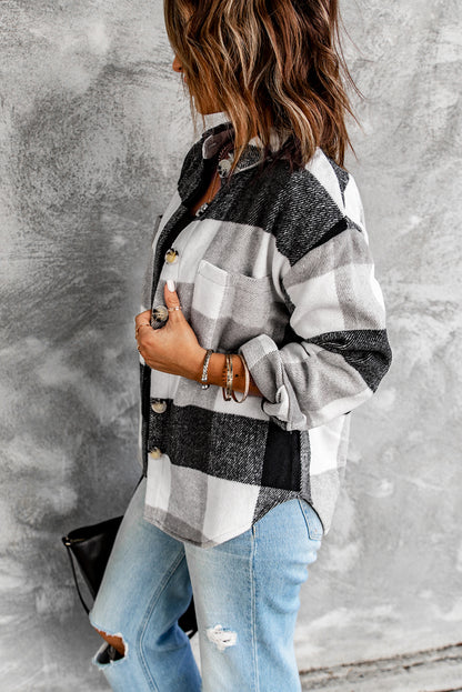 Grey Plaid Color Block Pockets Buttoned Shacket - Eloy Royal