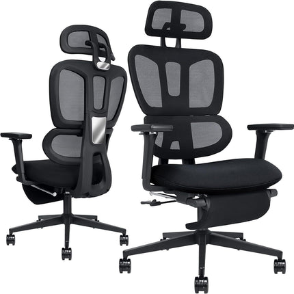 Ergonomic Office Chair with Footrest, High-back Computer Chair with Dynamic Lumbar Support, 2D Headrest & 4D Armrests, Sponge Cushion & Mesh Back, Home Office Chair for Adults, Black.