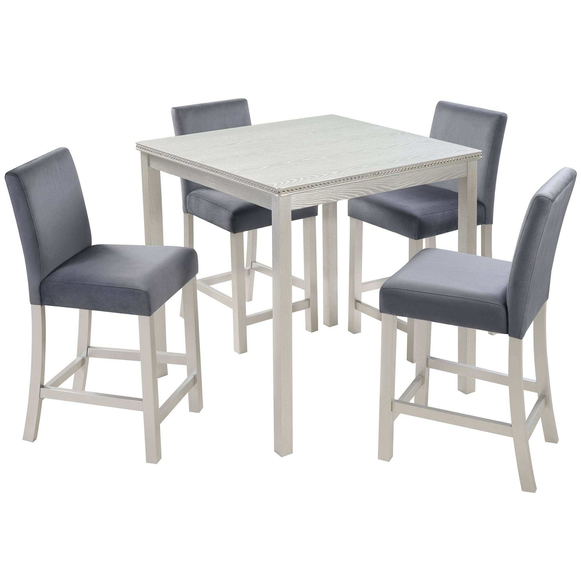 5PCs Counter Height Table Set, Wooden Kitchen Table Set with Square Table and 4 Upholstered Chairs, Counter Height Dining Table with Crystal Decoration and Chair Set, Silver Grey