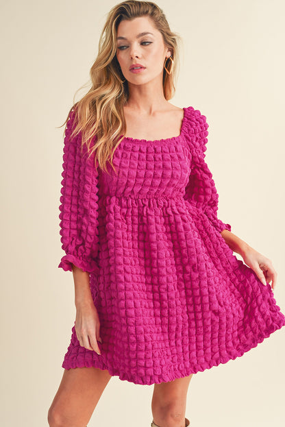 Strawberry Pink Bubble Textured Square Neck Babydoll Dress - Eloy Royal