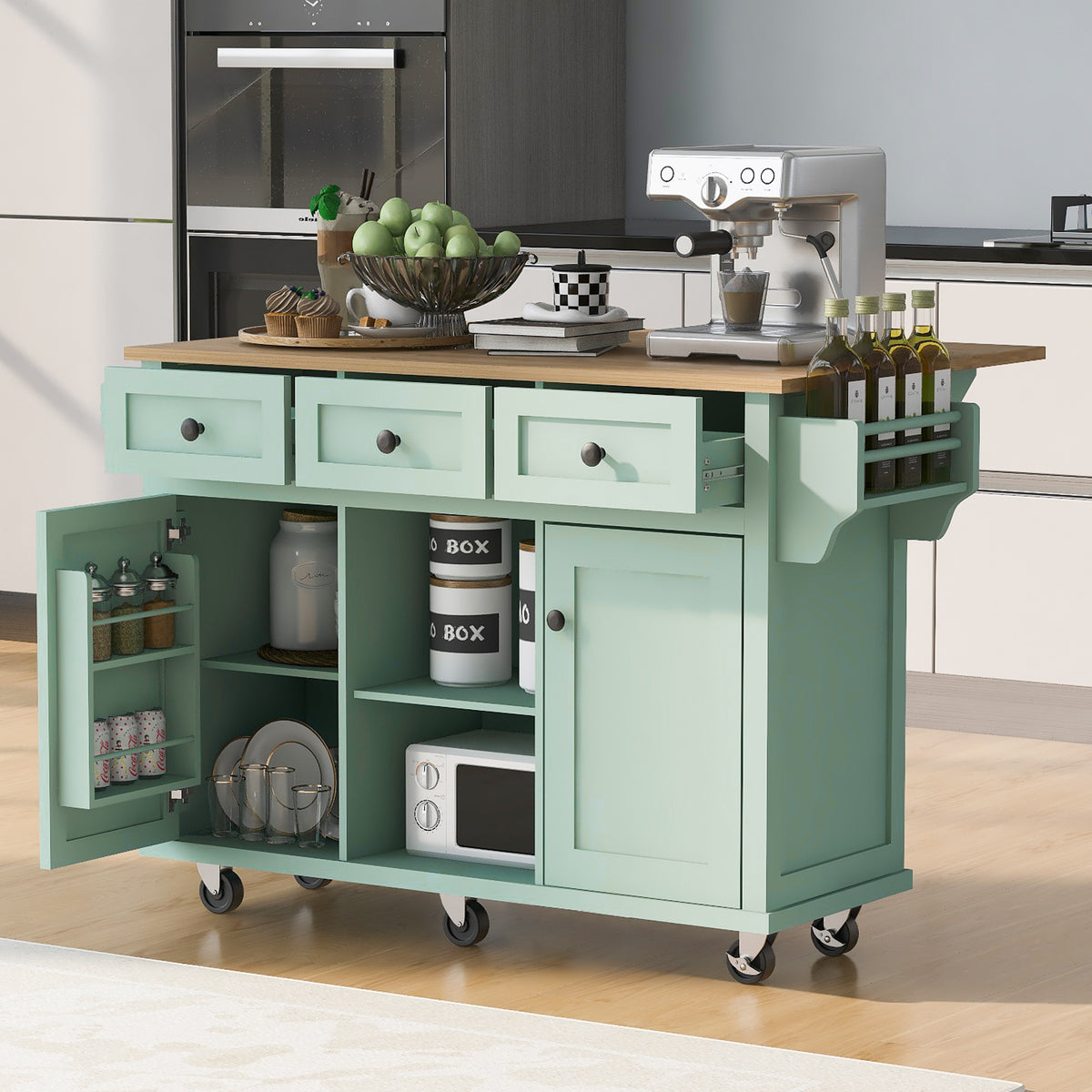 Novara Rubberwood Drop-Leaf Kitchen Island Cart, Mint Green