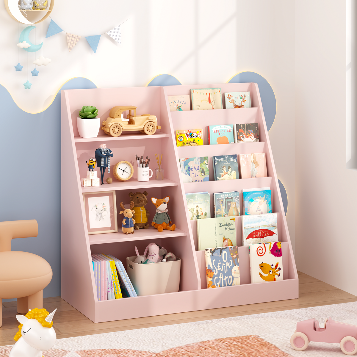 Kids Bookshelf and Toy Storage Organizer, Multifunctional 4 Tier Wooden Kids Book Shelf with  Bookcase Display Stand in Kids Room Playroom Nursery for Kids, Children, Toddlers (Pink)