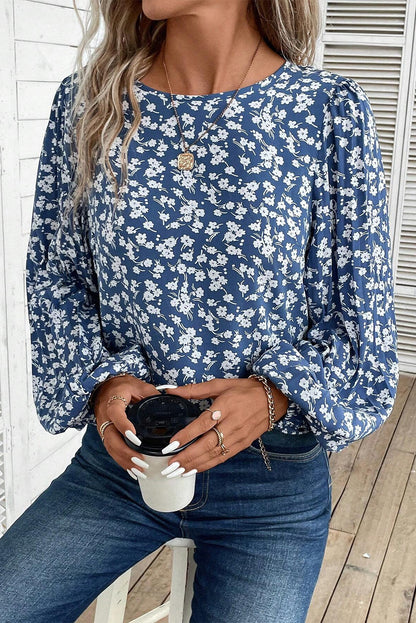 Blue Ditsy Floral Print Lantern Sleeve Blouse