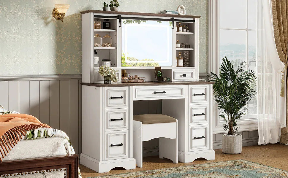 47.2' Farmhouse Makeup Vanity Desk with Sliding Mirror, Large Vanity Set with LED Lights, Dressing Table with Storage Stool and 9 Drawers, Ample Storage, White and Brown - Eloy Royal
