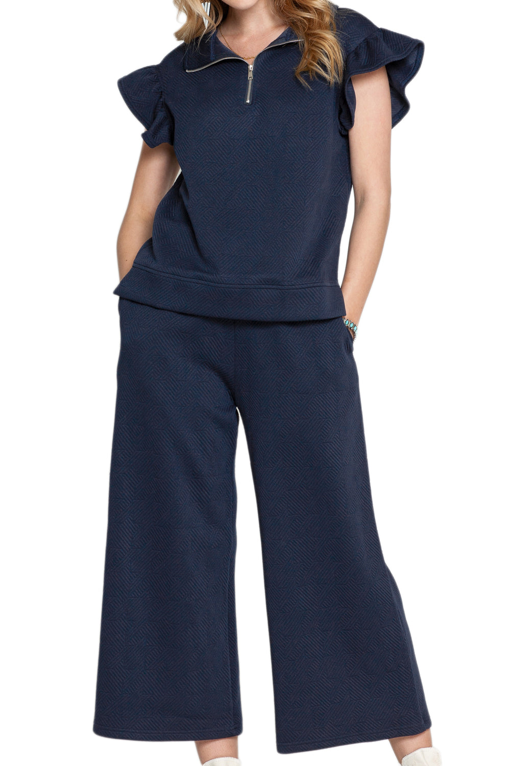 Navy Blue Textured Ruffle Cap Sleeve Top And Wide Leg Pants Set - Eloy Royal