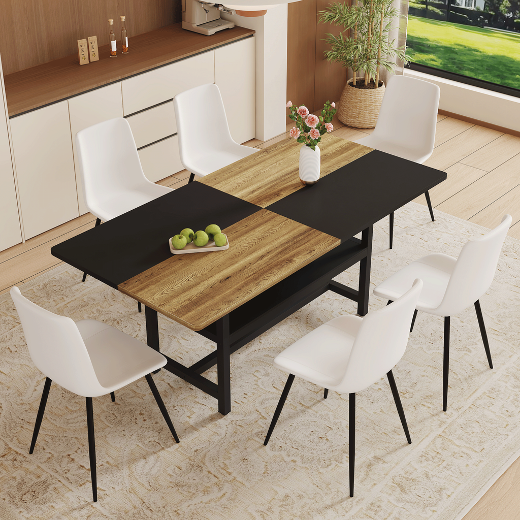 Table and chair set.71*35.4 inch Wooden And Black Spliced Dining Table With Storage Function In The Middle Of The Table Legs.Paired With 6 White Artificial PU Chairs With Curved Widened Cushion Design