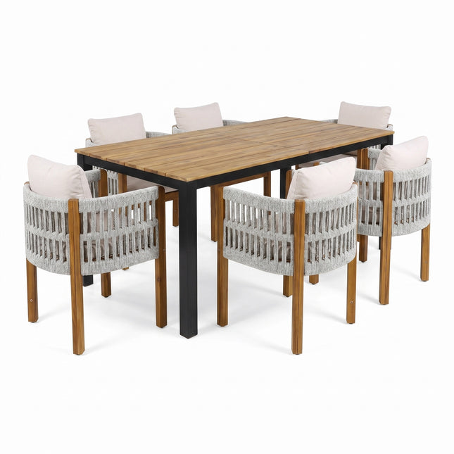 7-Piece Outdoor Dining Set with Acacia Wood Table and Rope Chairs, Beige Cushions, Teak Color Frame, White Rope Weave