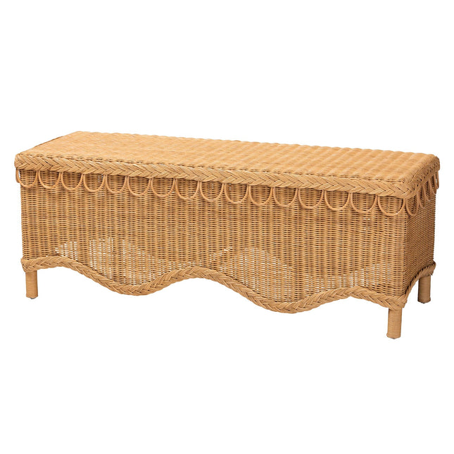 Bohemian Light Honey Rattan Accent Bench with Scallop border
