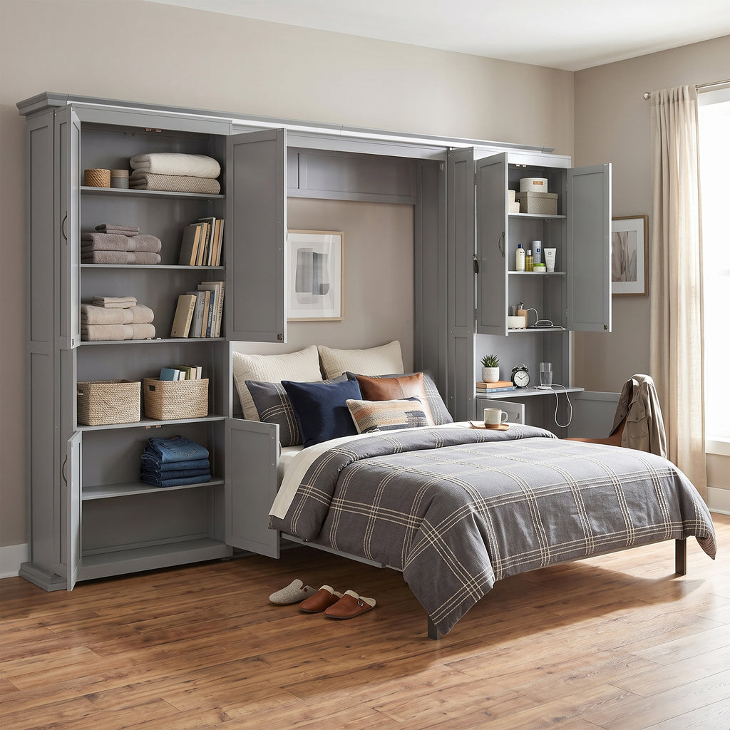Queen-size Murphy Bed with Dual Sliding Storage Cabinets, Hidden Wall Bed Design, Dual 6-Tier Side Shelves, Large-Capacity Space-Saving Wall Bed System for Modern Homes & Multifunctional Rooms-Gray