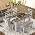 TREXM Rustic Style 6-Piece Dining Set with 4 Upholstered Chairs & Bench in Brown + Whitewash, Rubber Wood Frame, Solid Wood Veneer Tabletop