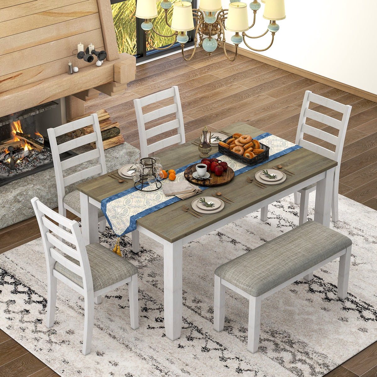TREXM Rustic Style 6-Piece Dining Set with 4 Upholstered Chairs & Bench in Brown + Whitewash, Rubber Wood Frame, Solid Wood Veneer Tabletop