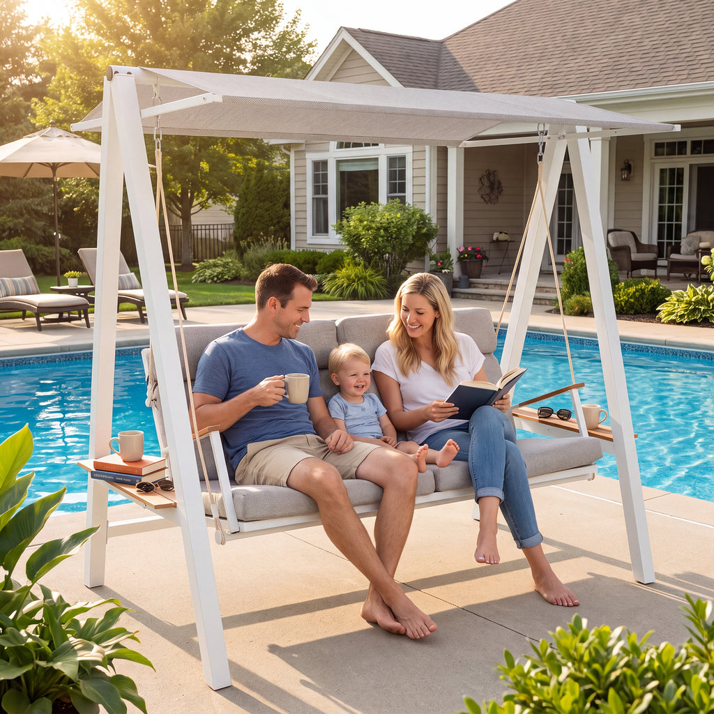 Outdoor Patio 3 seaters Metal Swing Chair Swing bed with Cushion and Adjustable Canopy Champagne Color