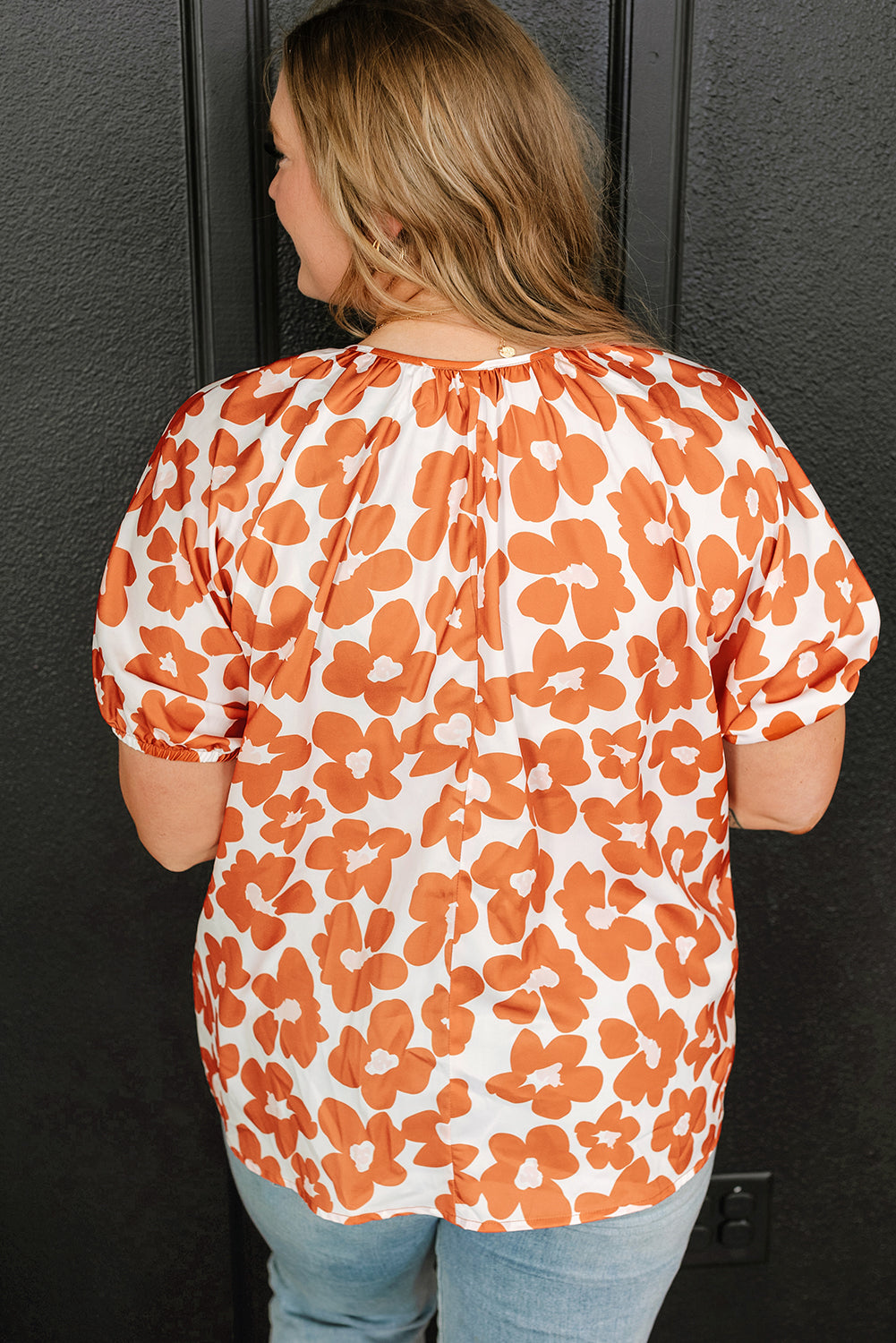 Orange Plus Size 60s Floral Print Drawstring V Neck Short Sleeve Blouse - Eloy Royal