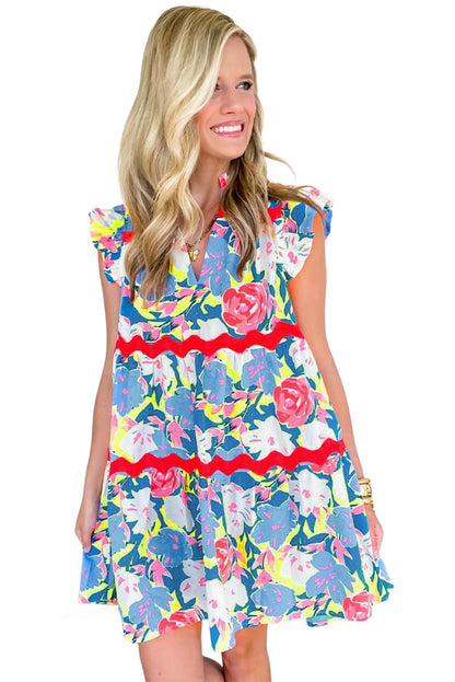 Pink Floral Printed V Notched Ric Rac Flutter Dress - Eloy Royal