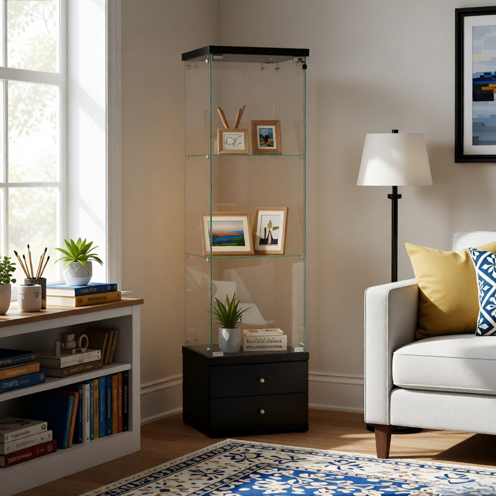 American-Style Non-Lit Glass Display Cabinet (0.2' Tempered Glass) – Soft-Close Drawer Slides  3 Adjustable Shelves, Ideal for Display & Storage