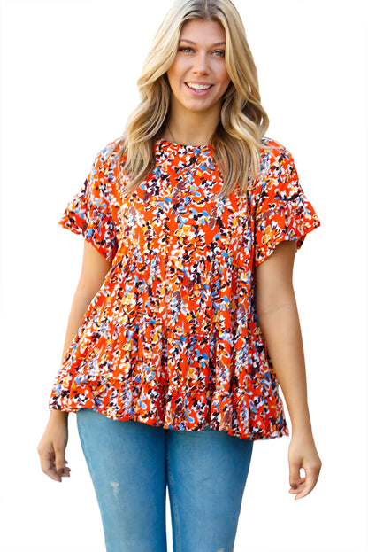 Orange Floral Printed Ruffle Sleeve Plus Size Babydoll Blouse - Eloy Royal