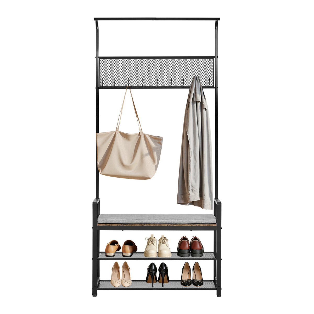 Hall Tree, 72 in Coat Rack with Shoe Bench, Freestanding 2-Tier Shoe Rack Storage Organizer with Hooks, Hanging Rod and Wire Shelf, Steel Frame Entrance Coat Holder for Entry, Bedroom, Closet