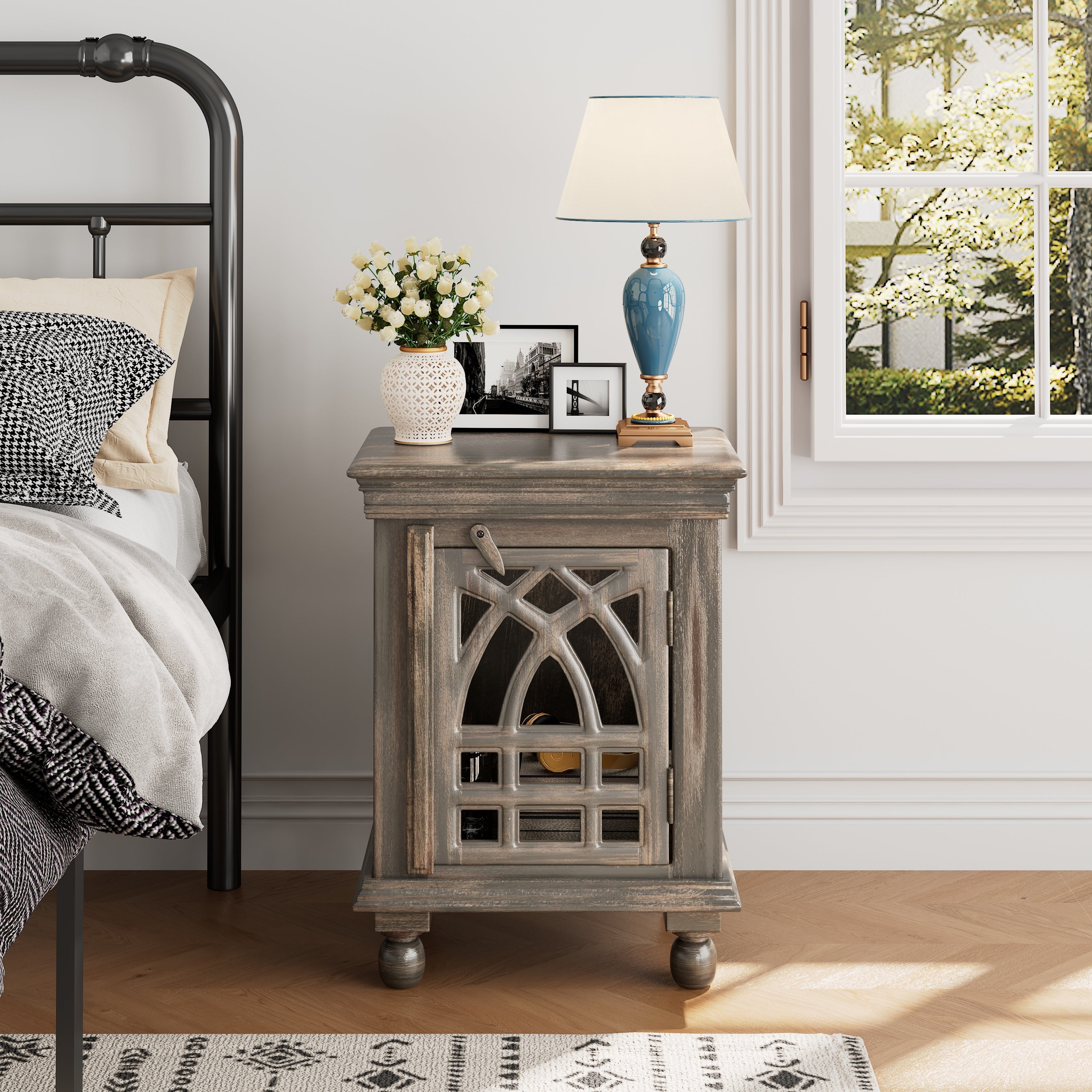 Antique Grey Wood Nightstand