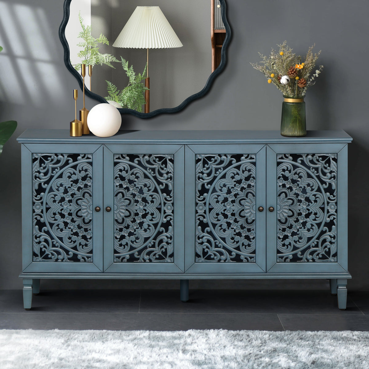 60' Antique Buffet Cabinet with Floral Carvings with Solid Wood Legs&Antique Brass Handles&Adjustable Shelves, TV Stand for 65''+ TV, Sideboard for Living Room,Dining Room (Antique Blue)