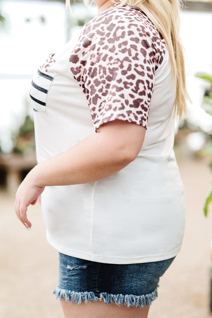 White Leopard Striped Double Pocket Plus Size Tee - Eloy Royal