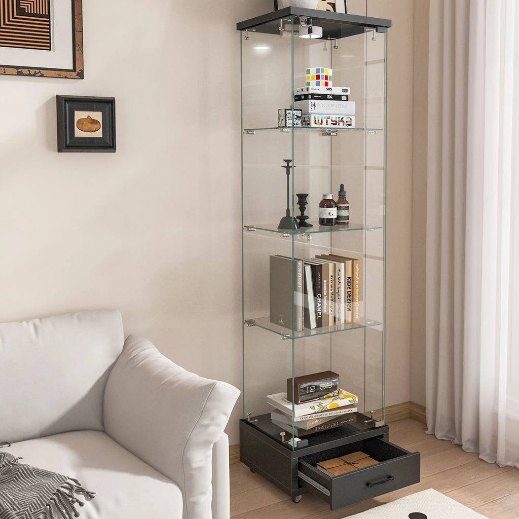 Modern Glass Display Cabinet with Drawer , Quick-assembly Antique Cabinet with LED lights, Tempered Glass Bookshelf, 1-Door Storage Case with 4 Shelves for Living Room and Bedroom, black - Eloy Royal