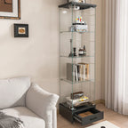 Modern Glass Display Cabinet with Drawer , Quick-assembly Antique Cabinet with LED lights, Tempered Glass Bookshelf, 1-Door Storage Case with 4 Shelves for Living Room and Bedroom, black - Eloy Royal